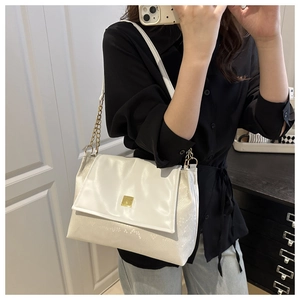 Close-up of cream shoulder bag with snake skin texture and gold chain strap detailing