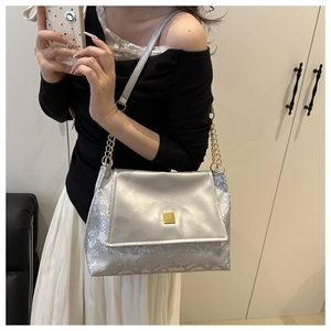 Detail of silver chain shoulder bag showing faux snake pattern and metallic buckle