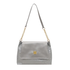 Gray shoulder bag with snakeskin texture, golden metal buckle and chain strap on white background