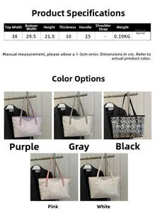 Detailed size guide and color options for the geometric textured large capacity tote bag