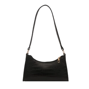 Classic black crocodile texture baguette shoulder bag with elegant golden hardware details