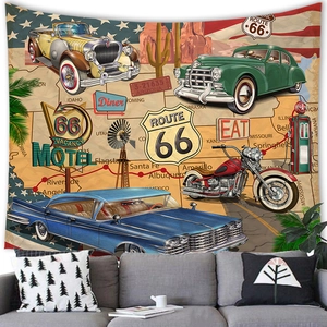 Détail de tapisserie Route 66 avec voitures vintage et motifs de carte américaine