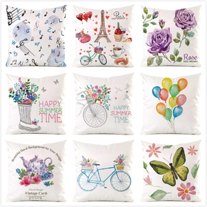 Housse de Coussin en Satin Artistique Décorative Aquarelle Florale Vélo Notes de Musique Taie d'Oreiller Carrée pour Canapé Déco Maison Sans Garnissage