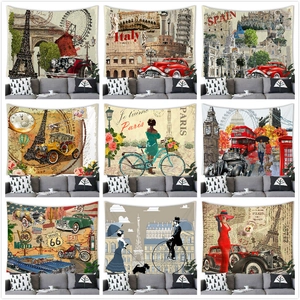 Tapisserie Murale Vintage Peau de Pêche Polyester Rétro Monuments Ville Paris Londres Route 66 Décoration Art Fond