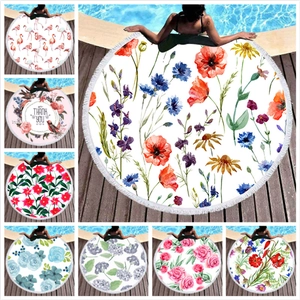 Rundes Mikrofaser Strandtuch Mit Quasten Aquarell Blumen火烈鸟-Druck Saugfähig Schnelltrocknend Outdoor Picknickdecke Für Den Urlaub