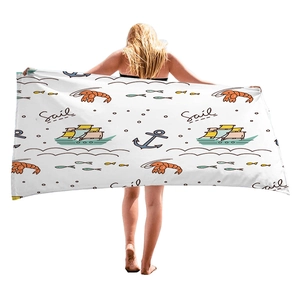 Cartoon nautical beach towel with lobster and sailboat pattern for summer seaside vacation