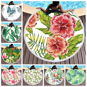 Asciugamano da Spiaggia Rotondo in Microfibra Con Nappe Stampa Floreale Foglia di Palma Tropicale Telo Mare Asciugatura Rapida Coperta da Picnic
