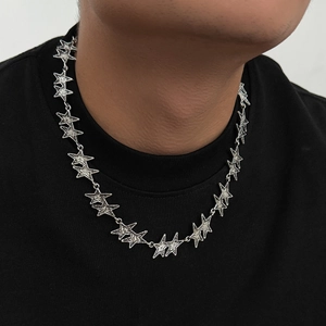 Hip hop style silver star chain necklace for men featuring connected pentagram links