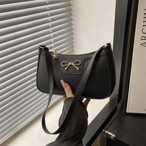 Fashion Women Bowknot Underarm Bag Litchi Texture PU Leather Gold Metal Flower Charm Elegant Korean Style Commuter Shoulder Bag
