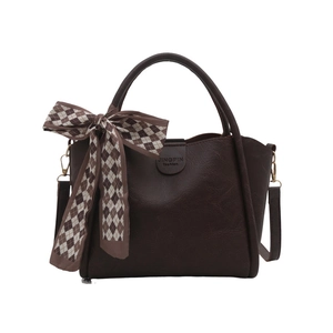 Dark brown PU leather tote bag with decorative silk scarf and adjustable strap