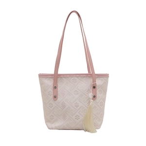 Cream embroidered bucket bag with pink handles and floral jacquard pattern for women