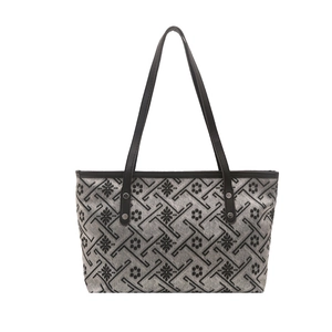 Large jacquard tote bag with vintage floral patterns and black leather shoulder straps