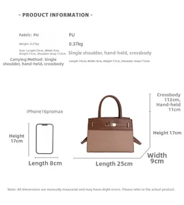 Detailed size chart for the PU leather tote bag with iPhone 16 Pro Max comparison