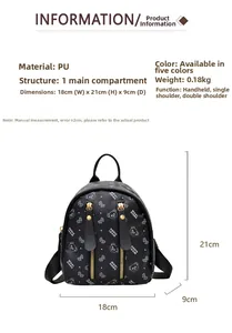 Detailed size specifications for the mini black PU backpack with cartoon bear patterns