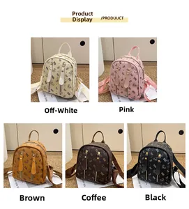 Detail view of mini printed backpacks in five colors with cute bear and butterfly patterns