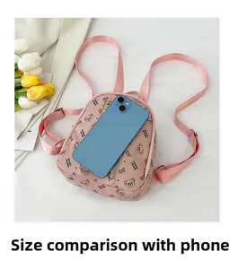 Mini pink backpack detail showing cute bear print and compact size for daily use