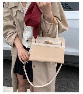 Chic beige canvas and leather crossbody bag detail with golden twist lock on street