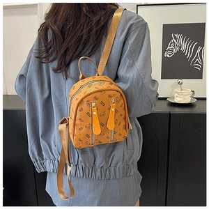 Detail of mini backpack with brown bear pattern and double zipper front pockets