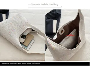 Detail showing white textured tote bag interior with large capacity for laptop and daily items