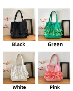 Detailed grid view showing pleated canvas tote bags in black, green, white, and pink