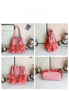 Detailed views of pink pleated canvas tote bag showing front, side and base construction