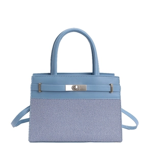Light blue large capacity shoulder bag with smooth leather and textured fabric splice