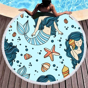 Round thick beach towel with cartoon mermaid tassels and ocean pattern for holiday