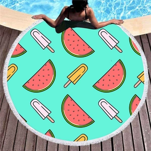 Thick round beach towel with mint green watermelon and popsicle prints with white tassels
