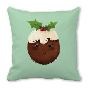 Detail of soft peach skin cushion cover with cute Christmas pudding character printing