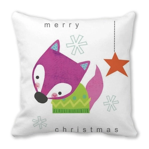 Detail of cartoon fox print on peach skin pillowcase with Christmas merry pattern