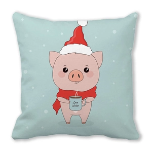 Detail of soft peach skin pillow cover with cartoon pig design and Love Winter text