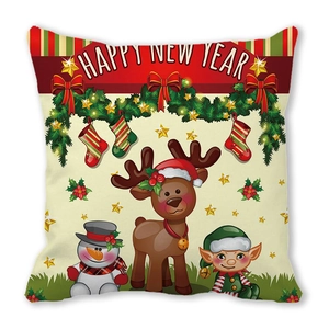 Cartoon reindeer and snowman Christmas peach skin pillow cover with Happy New Year text