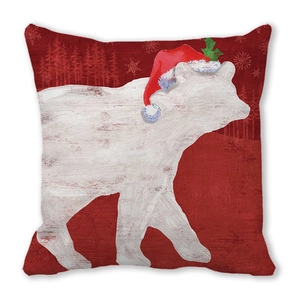 Détail d'une taie d'oreiller de Noël rouge avec un ours polaire blanc et des flocons
