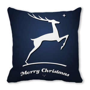 Detail of navy blue Christmas pillowcase with white reindeer and Merry Christmas print