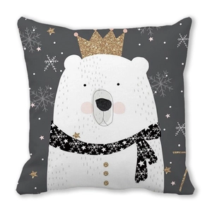 Detail of cartoon polar bear print with golden crown on peach skin pillowcase