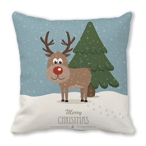 Detail of Christmas reindeer and pine tree print on peach skin fabric cushion cover