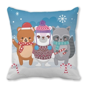 Detail of square pillowcase featuring festive Christmas bears and raccoon on peach skin fabric