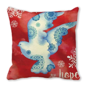 Détail macro de la housse de coussin rouge avec oiseau mandala et texte Hope