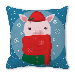 Detail of soft peach skin pillowcase featuring a cartoon Christmas pig with snowflakes