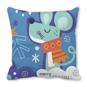 Detail of Christmas pillowcase with cartoon mouse pattern on soft peach skin fabric