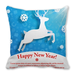Detailed view of blue snowman cushion cover with reindeer silhouette and festive text