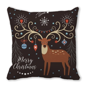 Detail of deer print on brown peach skin velvet Christmas cushion cover with ornaments