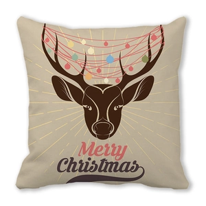 Detail of Christmas reindeer pillowcase with colorful light bulbs and Merry Christmas text