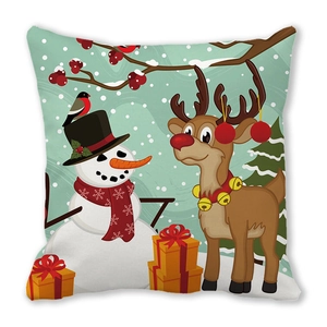 Detail of Christmas snowman and reindeer print on mint green square decorative pillowcase