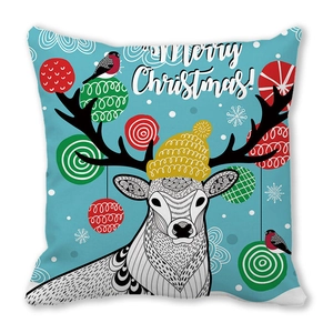 Christmas reindeer pillow cover with Merry Christmas text and blue festive print