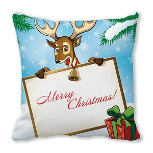 Detail of Christmas pillowcase featuring cartoon reindeer and Merry Christmas print