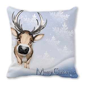 Detail of Christmas reindeer pillowcase with Merry Christmas text on light blue background