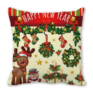 Close-up of festive Happy New Year reindeer and snowman print on square pillow cover