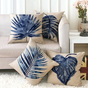 Blue Palm Leaf Linen Cushion Covers Tropical Ink Painting Pattern Square Decorative Pillowcases For Living Room Sofa Home Decor