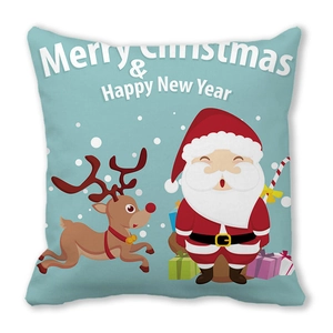 Cartoon Santa Claus and Reindeer print blue pillowcase with Merry Christmas text